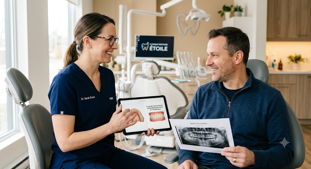 Praticienne présentant un plan de traitement à un patient